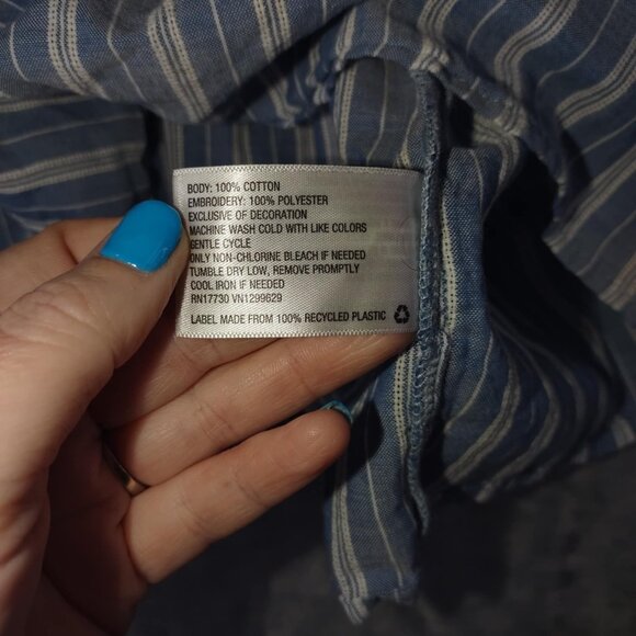 Boho Embroidered Peplum Blouse Women's XS Blue Striped Cotton Short Sleeves - Picture 9 of 10